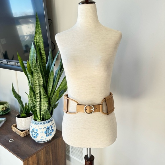 Vintage YSL Genuine Leather Wide Belt - Tan and Silver Hardware - Size: Small